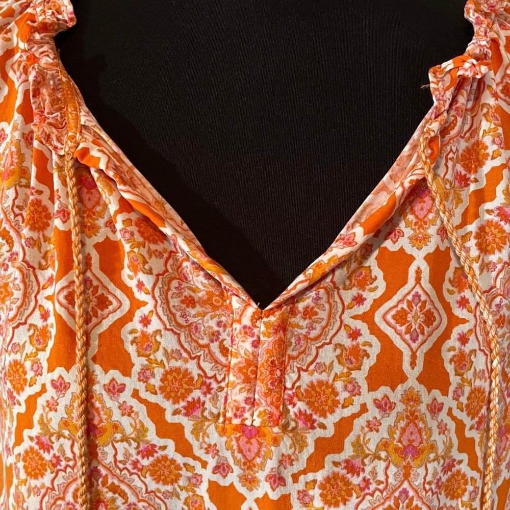 Rose + Olive Orange Paisley Print Tie Neck Ruffle Sleeve Blouse Top Womens Sz L - Picture 3 of 7